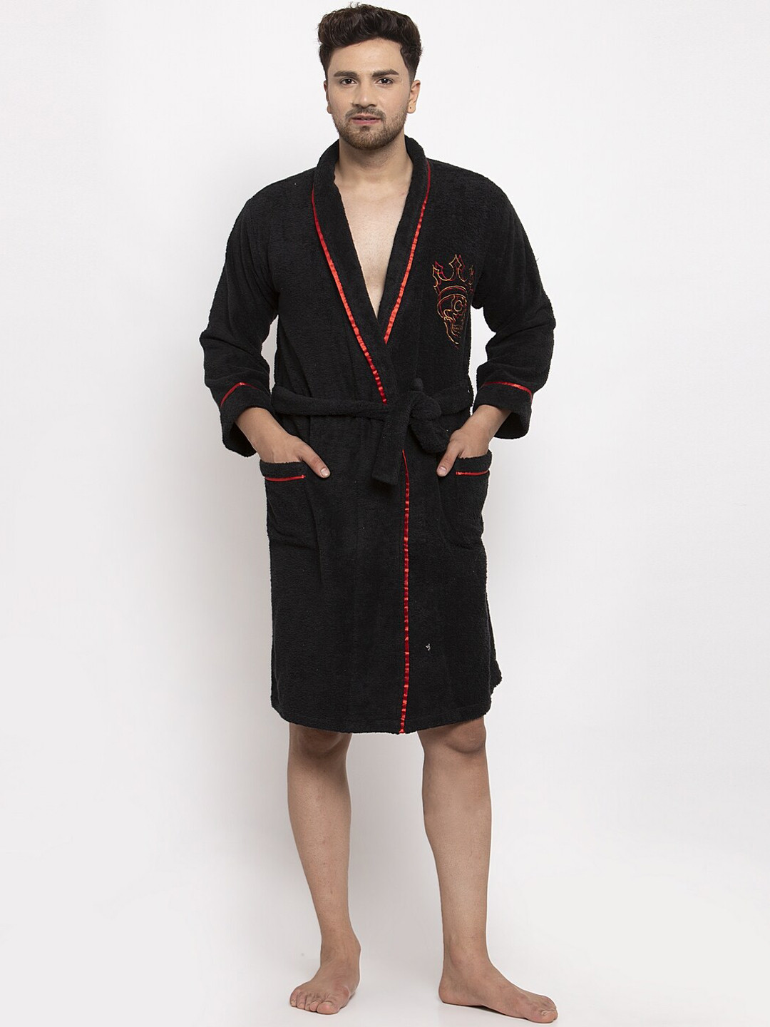 Buy DECOREALM Men Black & Red Embroidered Bath Robe Bath Robe for