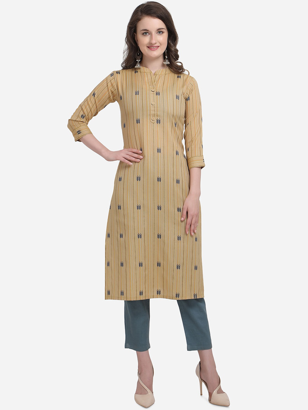 Women Beige & Navy Blue Kurta Set