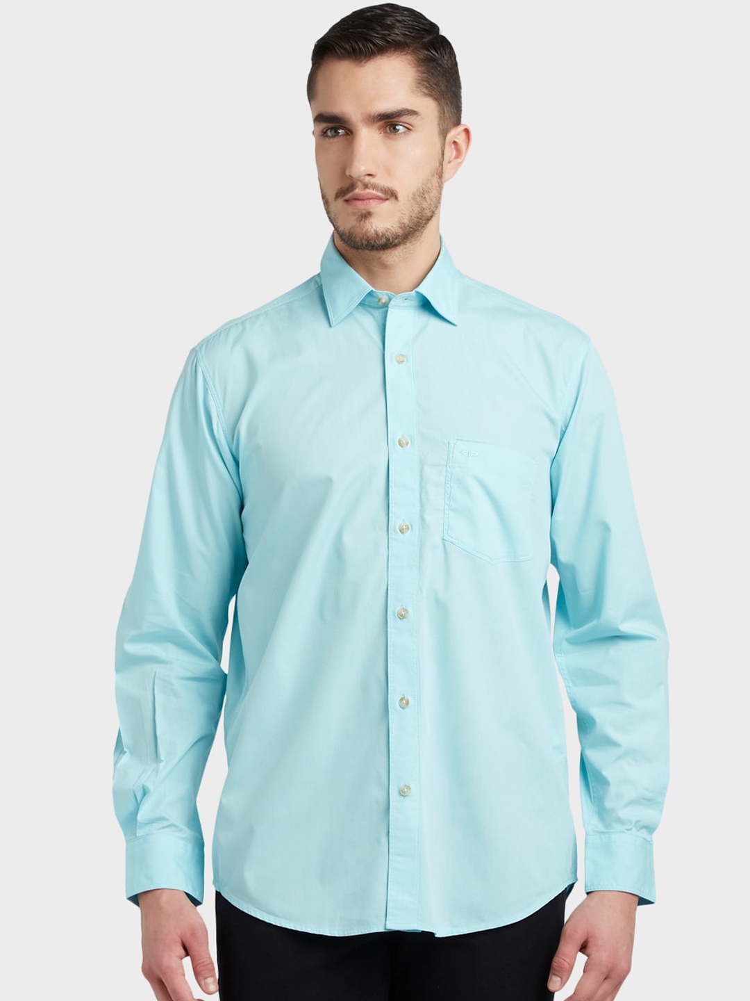 Buy ColorPlus Men Turquoise Blue Tailored Fit Solid Casual Shirt ...