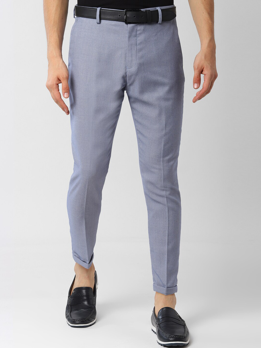 Buy Peter England Men Blue Tapered Fit Self Design Regular Trousers