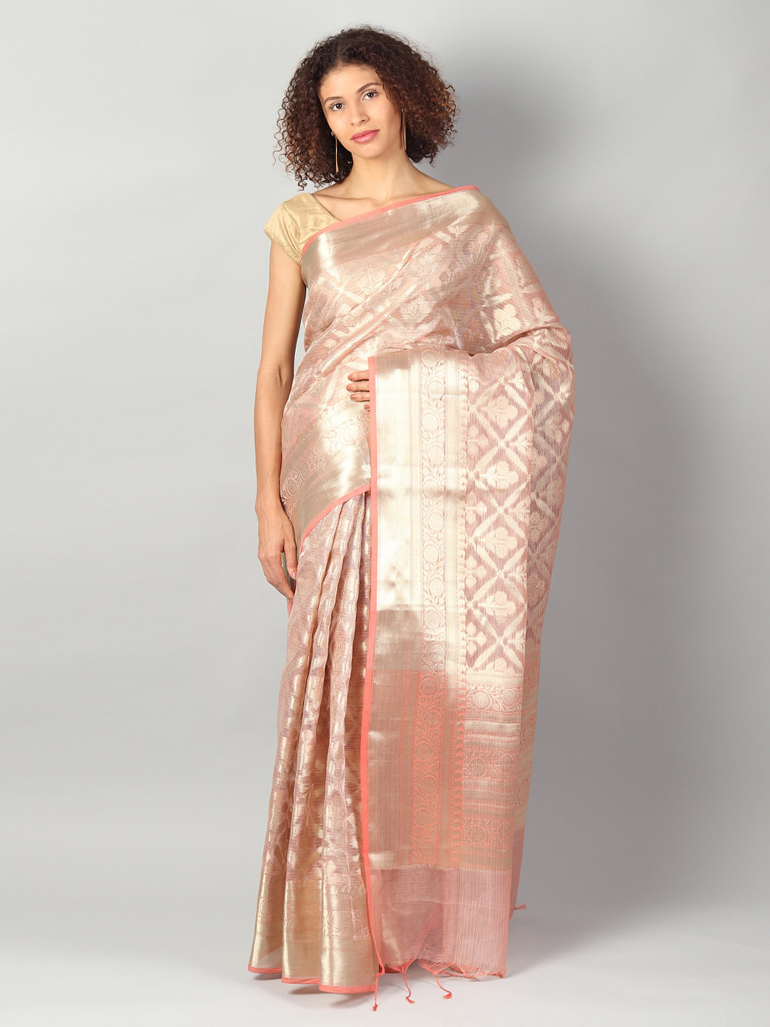 Buy EthnicRoom Rose Gold Coloured Silk Cotton Woven Design Banarasi