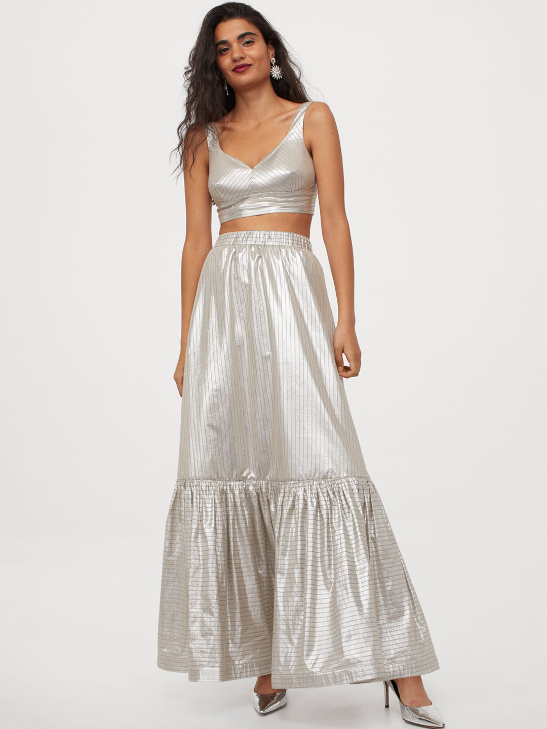 Buy H&M Women Silver Toned Shimmering Maxi Skirt Skirts for Women