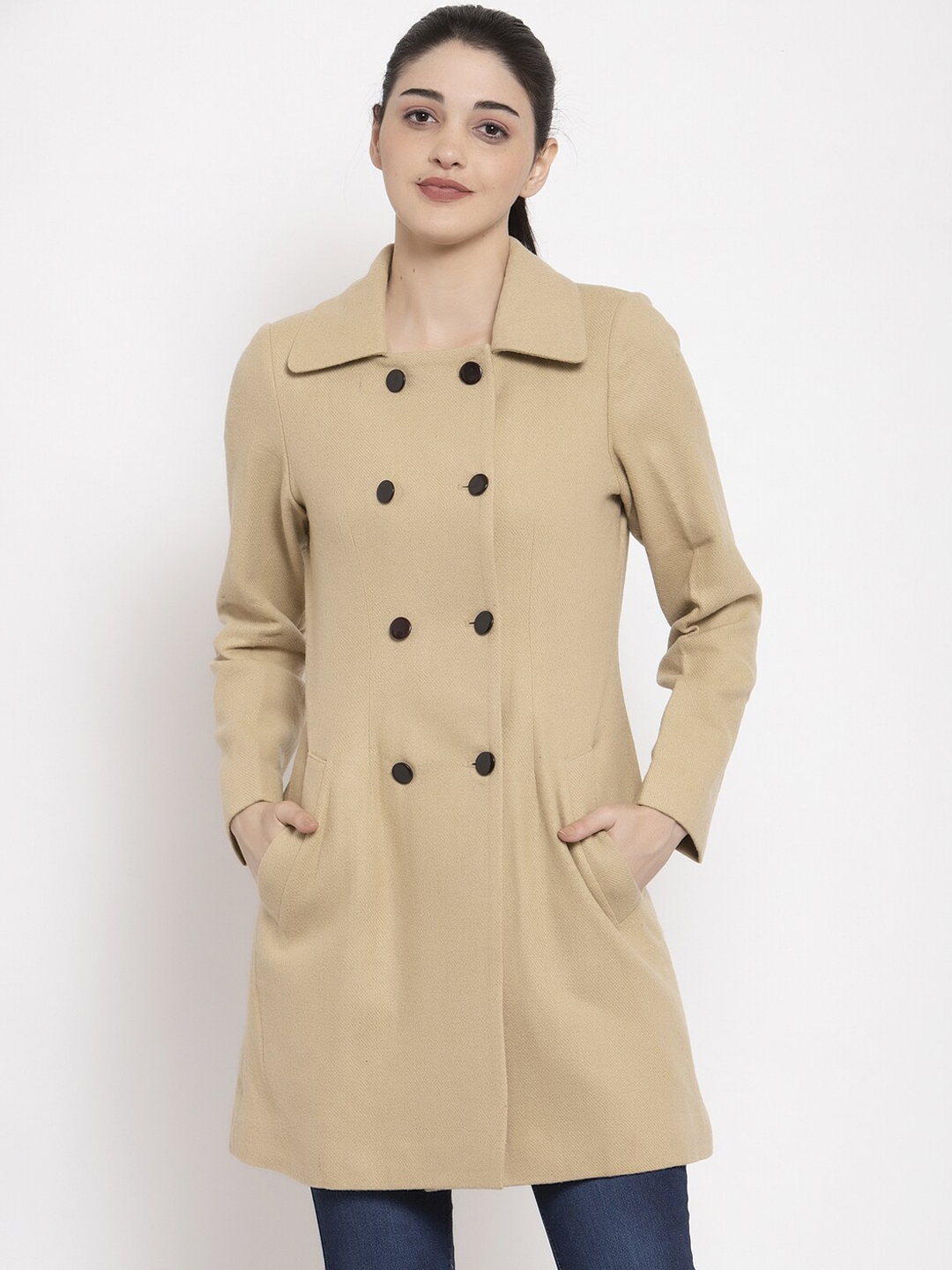 Buy Owncraft Women Beige Solid Woollen Double Breasted Overcoat - Coats ...