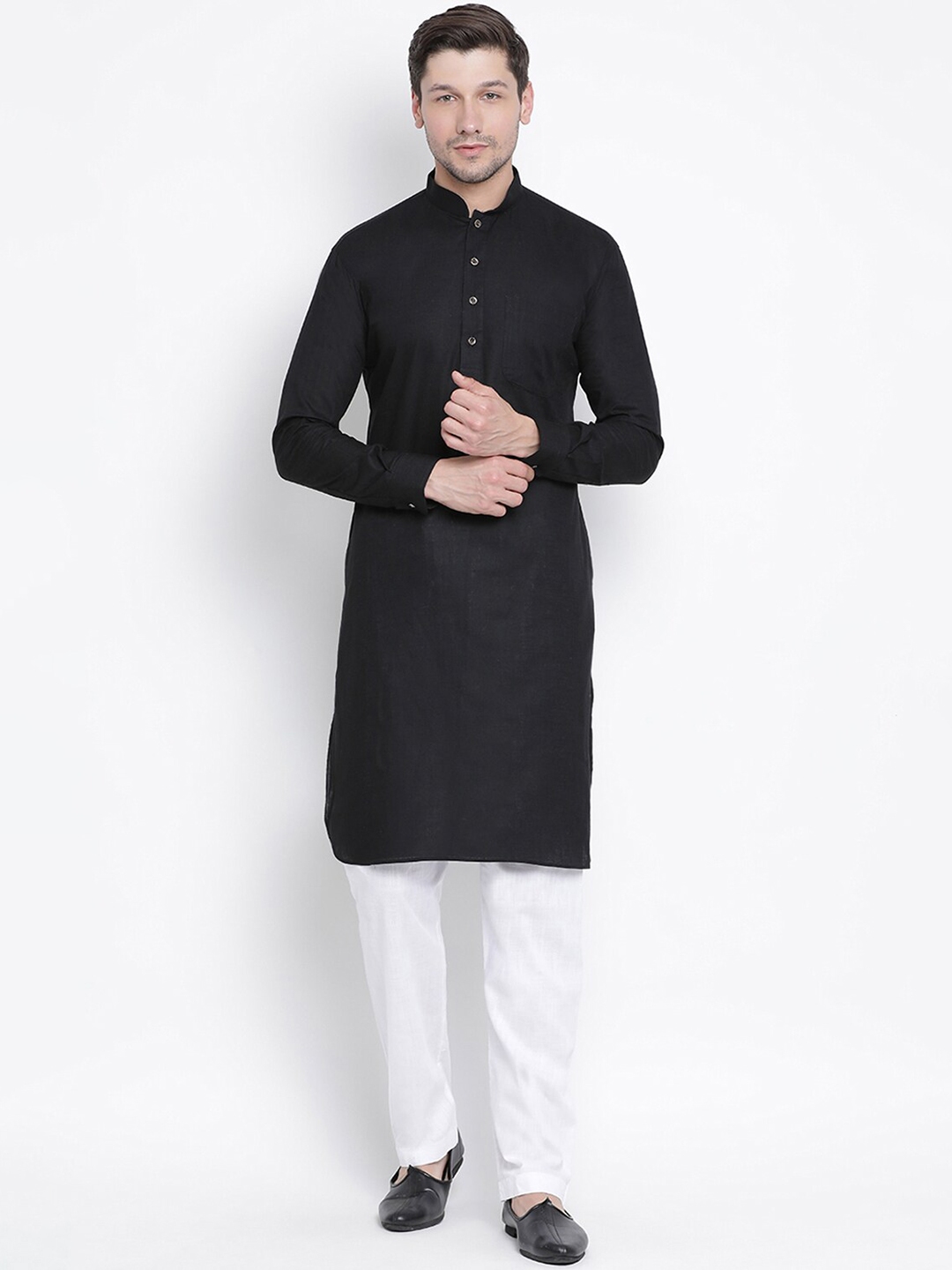 Buy VASTRAMAY Men Black & White Solid Kurta With Trousers - Kurta Sets ...