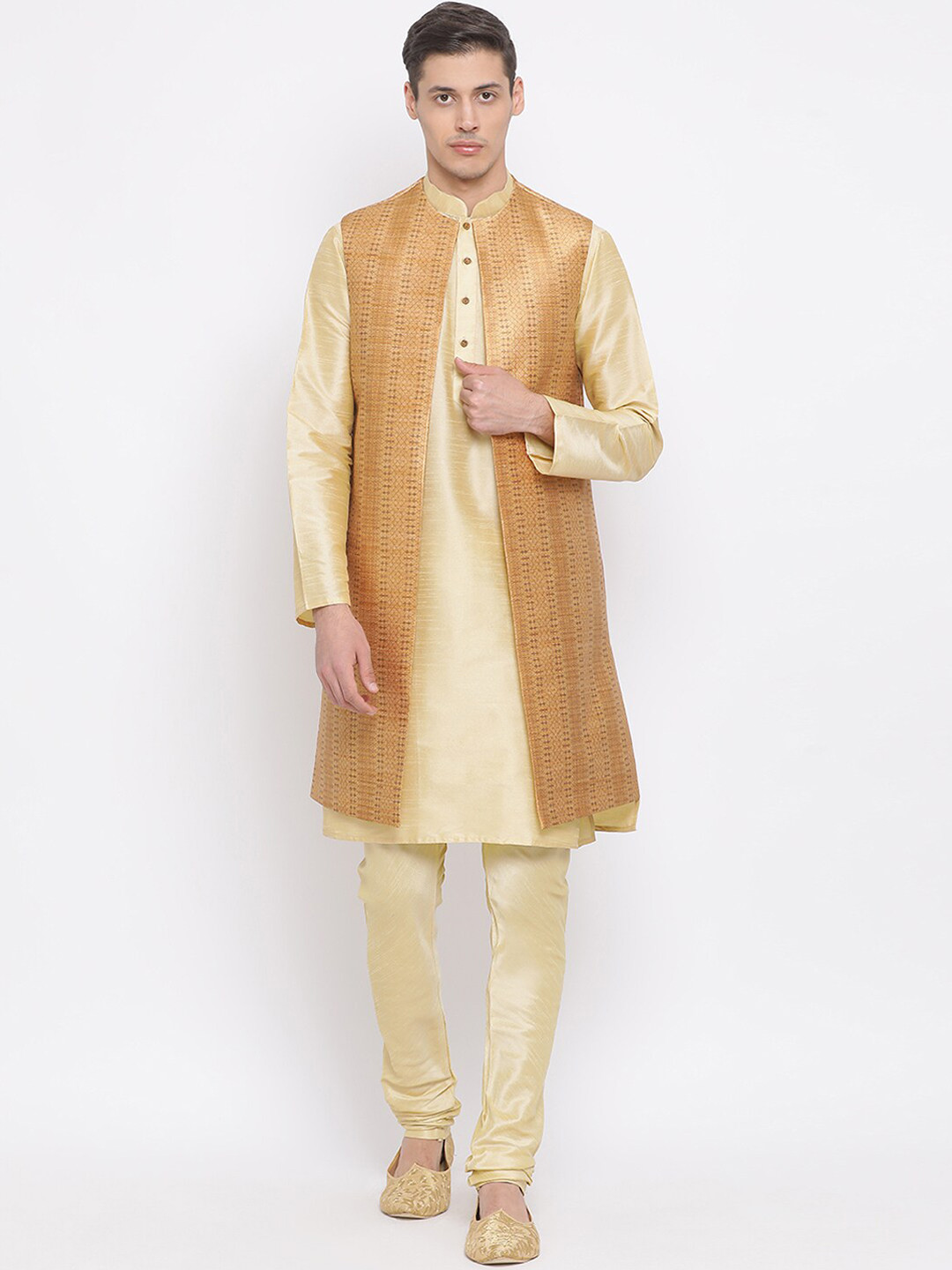 Buy VASTRAMAY Men Gold Toned Solid Kurta & Churidar With Nehru Jacket