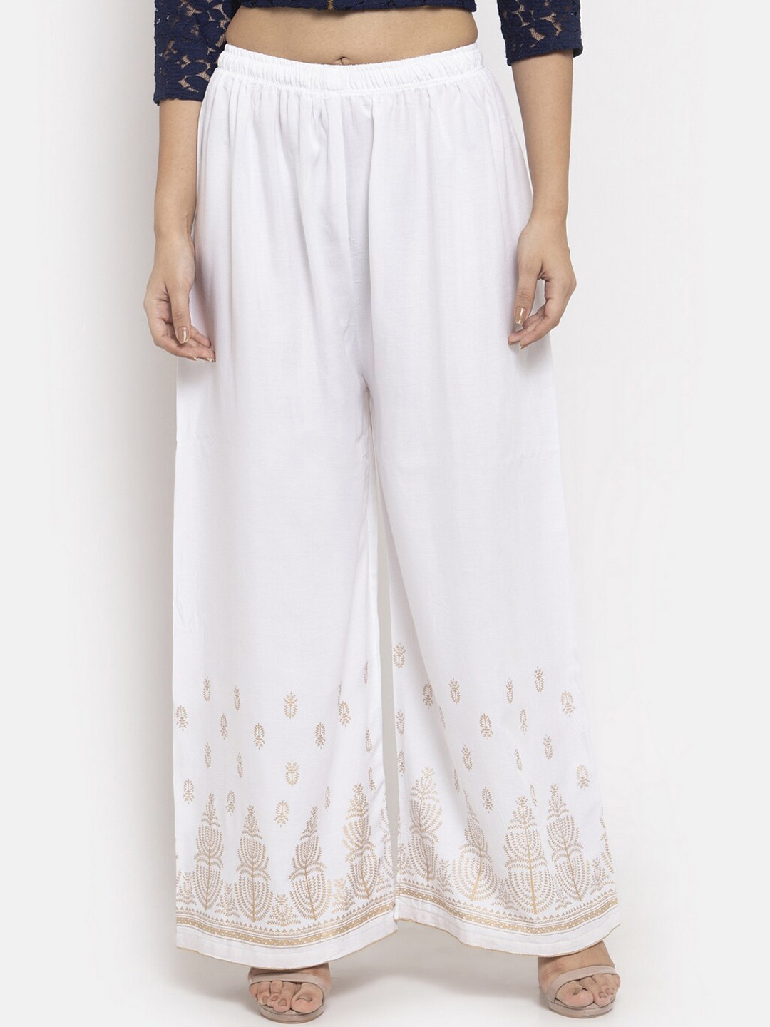 Women Off-White  Blue Printed Wide Leg Palazzos
