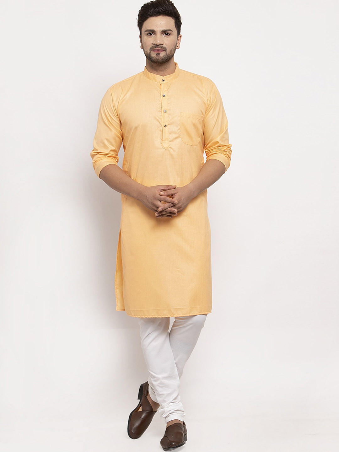 Buy Benstoke Men Yellow & White Solid Kurta With Churidar - Kurta Sets for Men 12640884 | Myntra