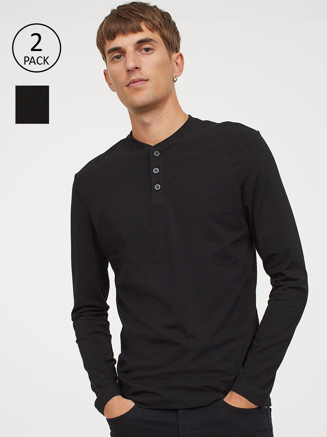 Buy H&M Men Black 2 Pack Slim Fit Henley T Shirt Tshirts for Men