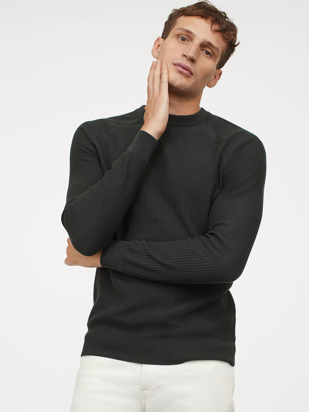 Buy H&M Men Green Knitted Jumper Muscle Fit Sweaters for Men 12674482