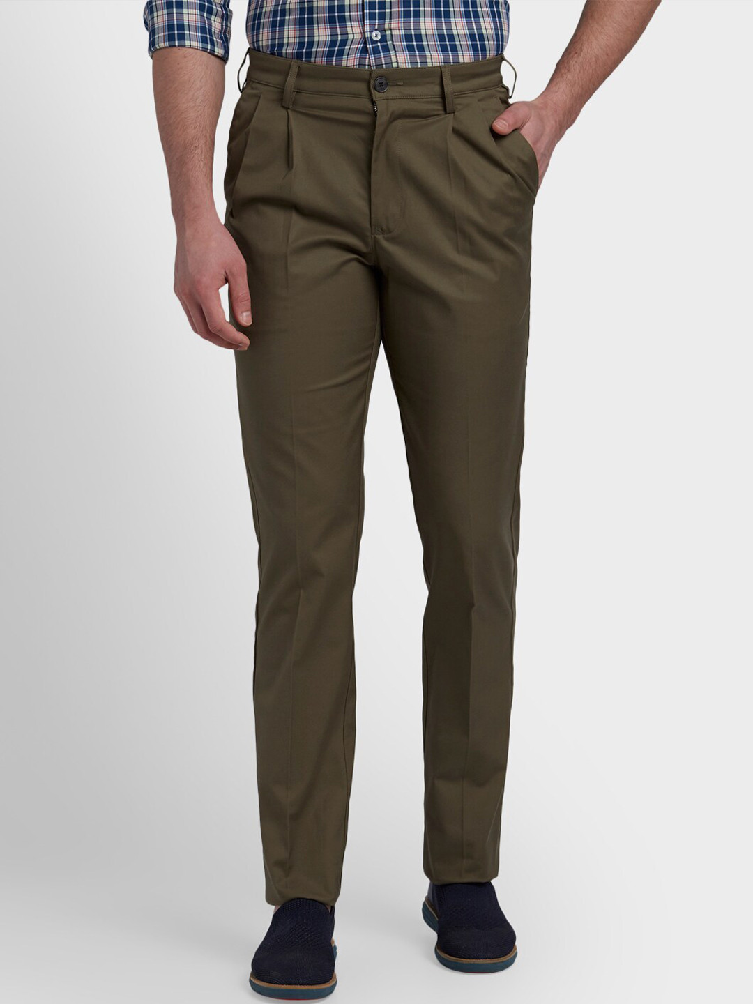 Buy ColorPlus Men Olive Green Regular Fit Solid Regular Trousers