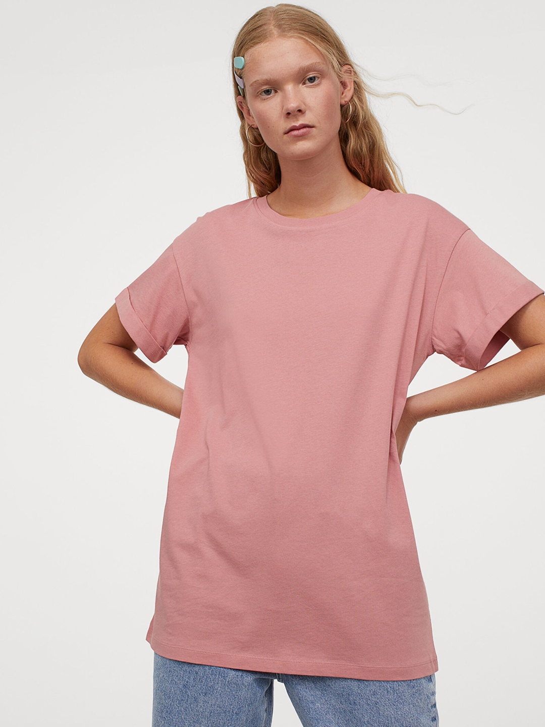 Buy HM Women Pink Long Pure Cotton T Shirt - Tshirts for Women 12696164 ...