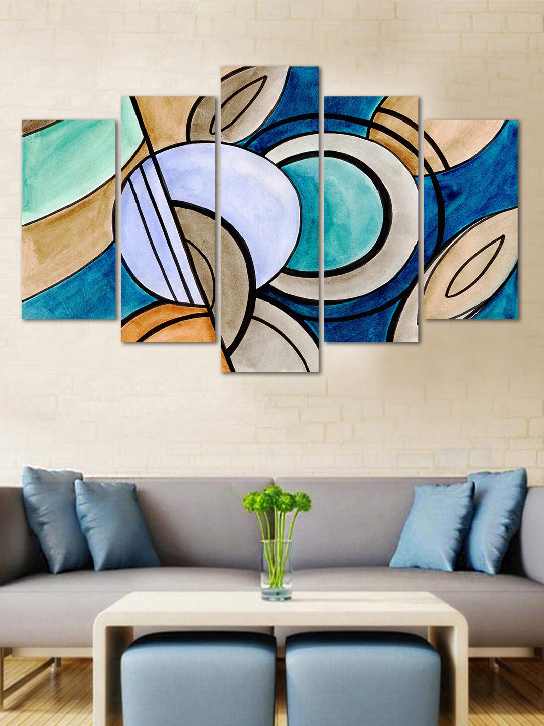 Buy WENS Blue & Brown Modern 5 Panelled Velvet Wall Art Wall Art for