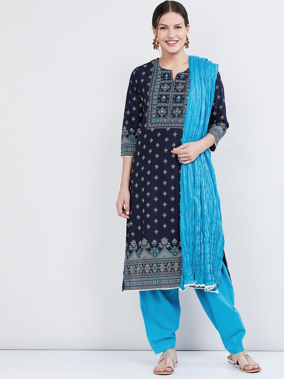 Buy Max Women Blue Printed Kurta With Salwar & Dupatta - Kurta Sets for ...