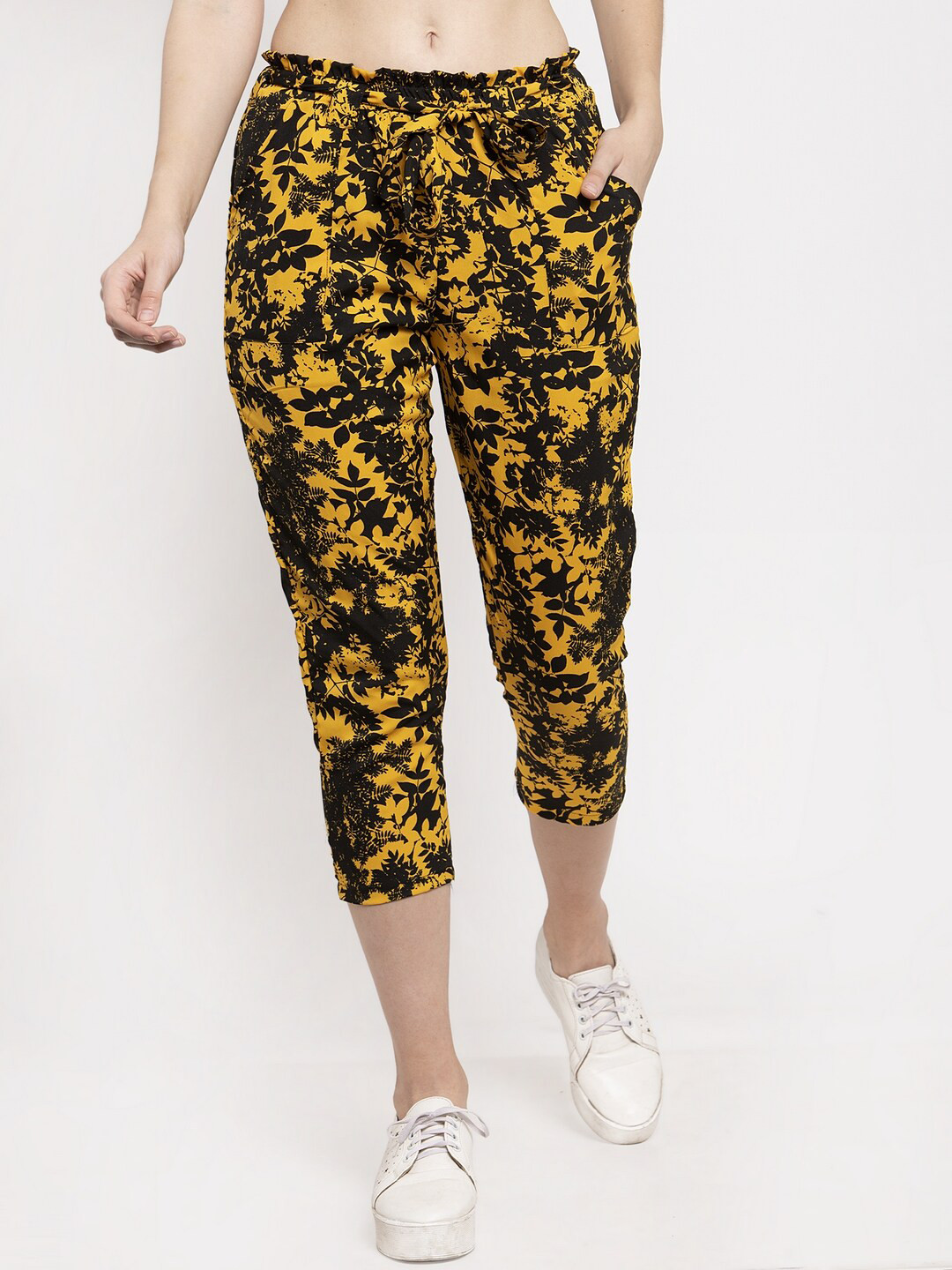 Buy J Style Women Yellow & Black Floral Printed Slim Fit Capris