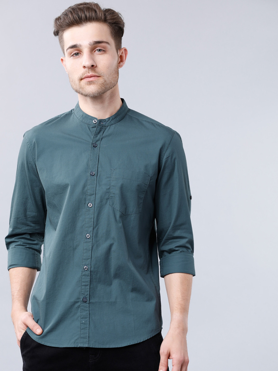Men's Teal Standard Slim Fit Cotton Casual Shirt