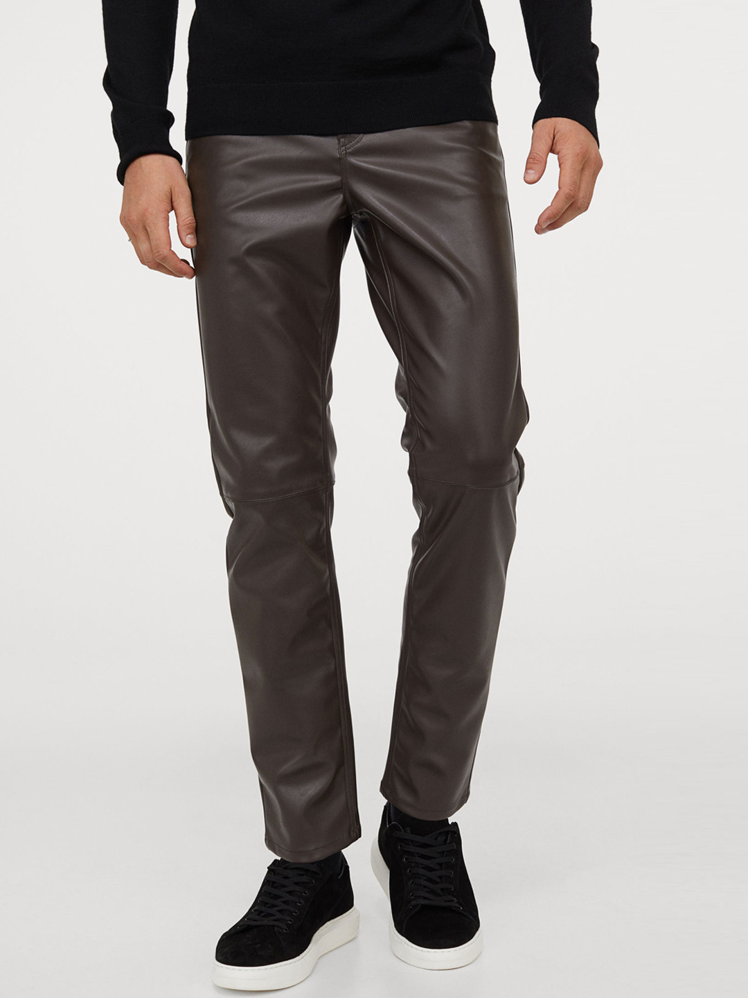 Buy H&M Men Brown Solid Imitation Leather Trousers Trousers for Men 12952270 Myntra
