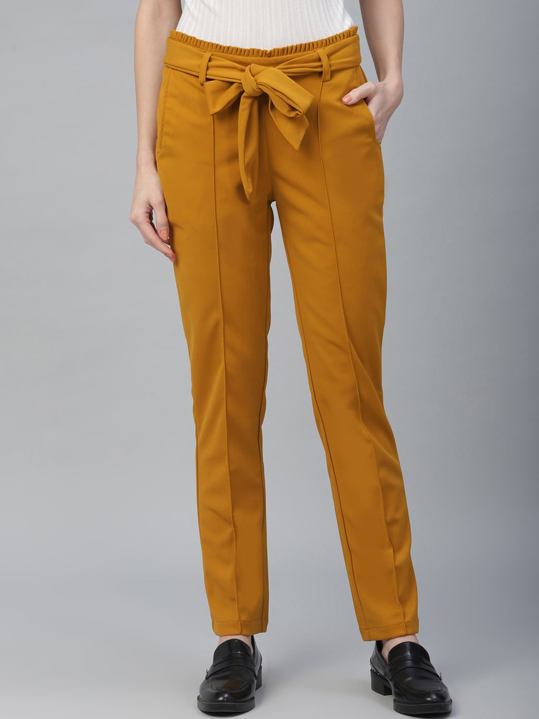 Buy Athena Women Mustard Yellow Regular Fit Solid Peg Trousers