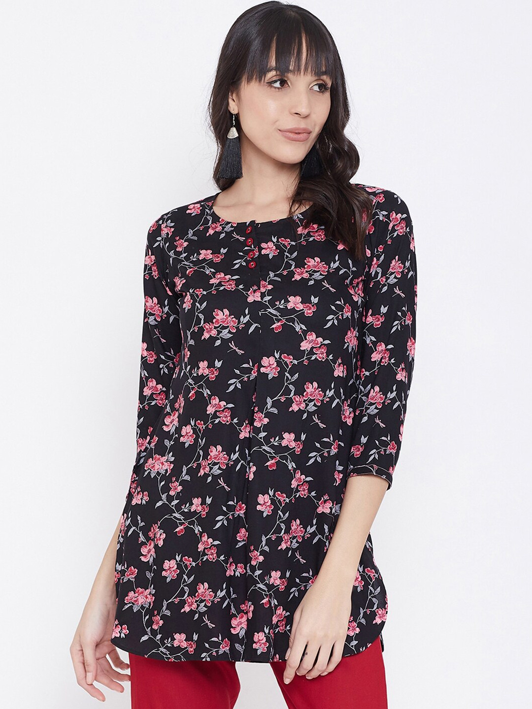 Tissu Women's Black & Pink Floral Printed Kurta With Palazzo Set - 100% Rayon, 3/4 Sleeves (47" Kurta, 39" Palazzo) - View #2