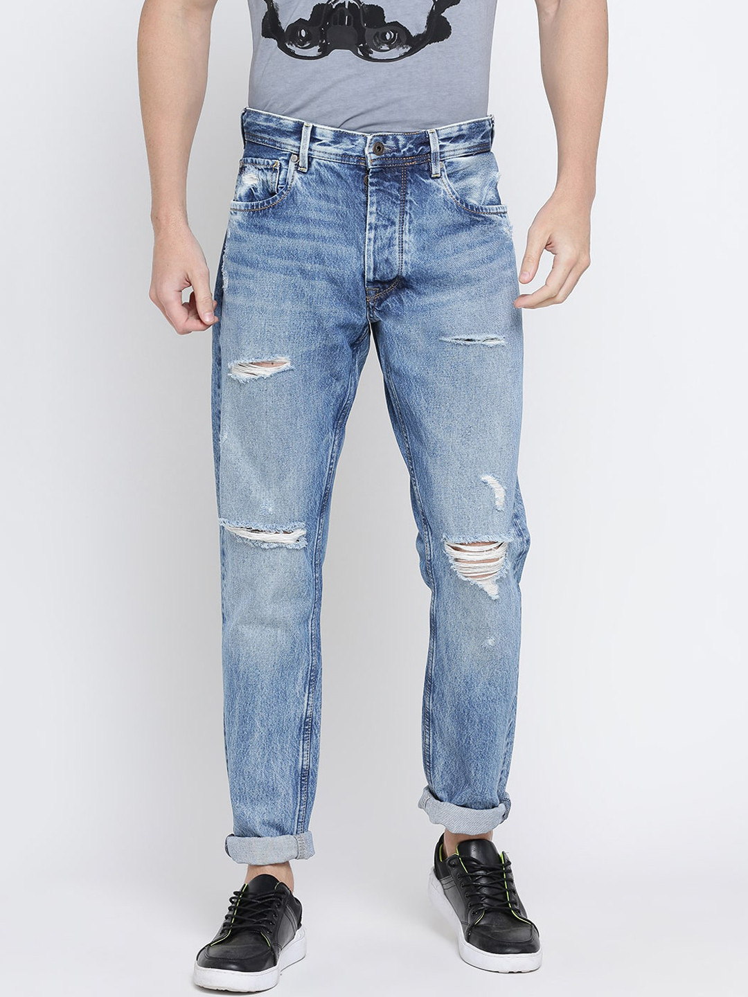 Buy Pepe Jeans Men Blue Tapered Fit Mid Rise Highly Distressed Jeans