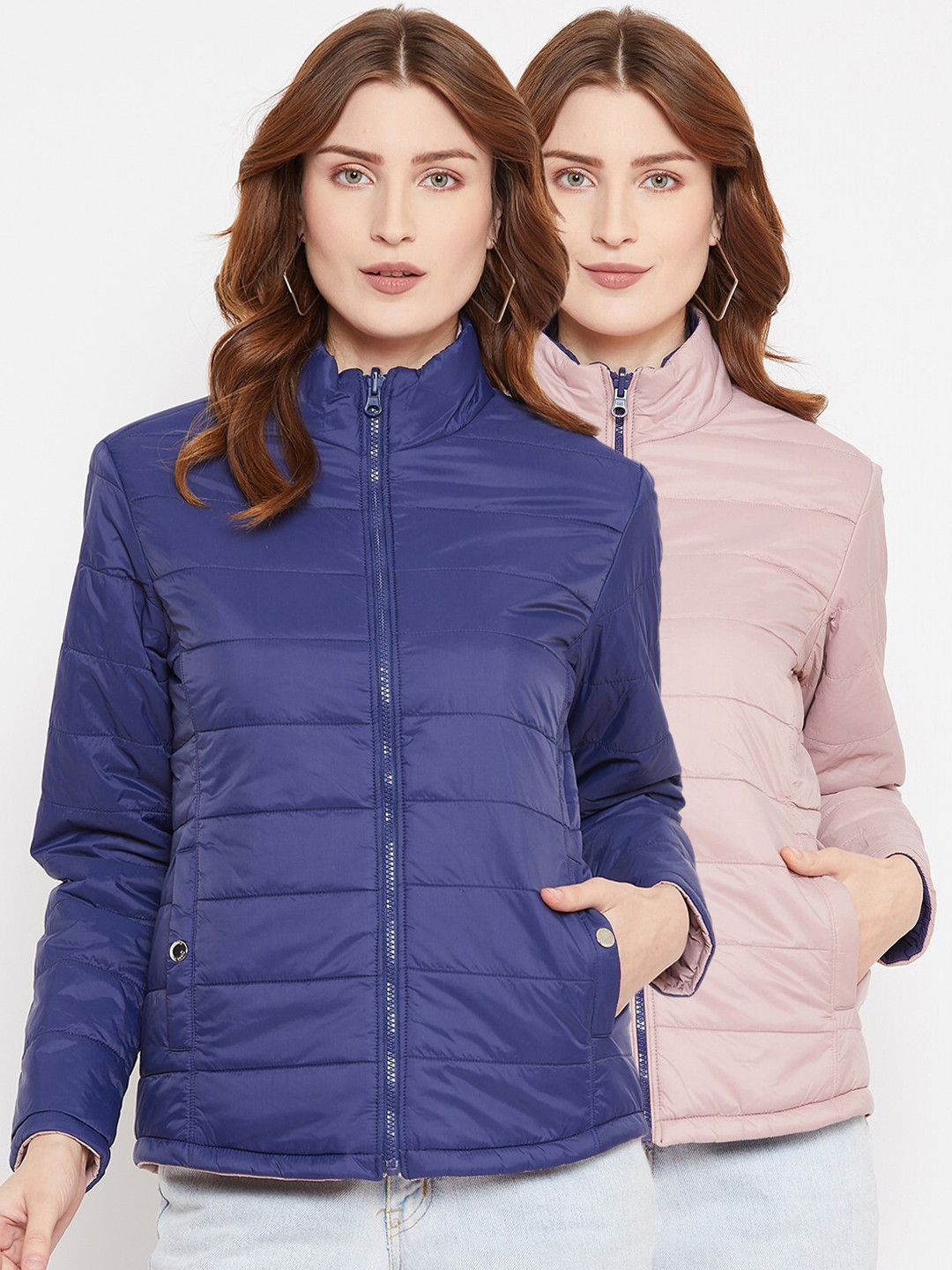 Buy Octave Women Blue & Pink Solid Reversible Padded Jacket Jackets