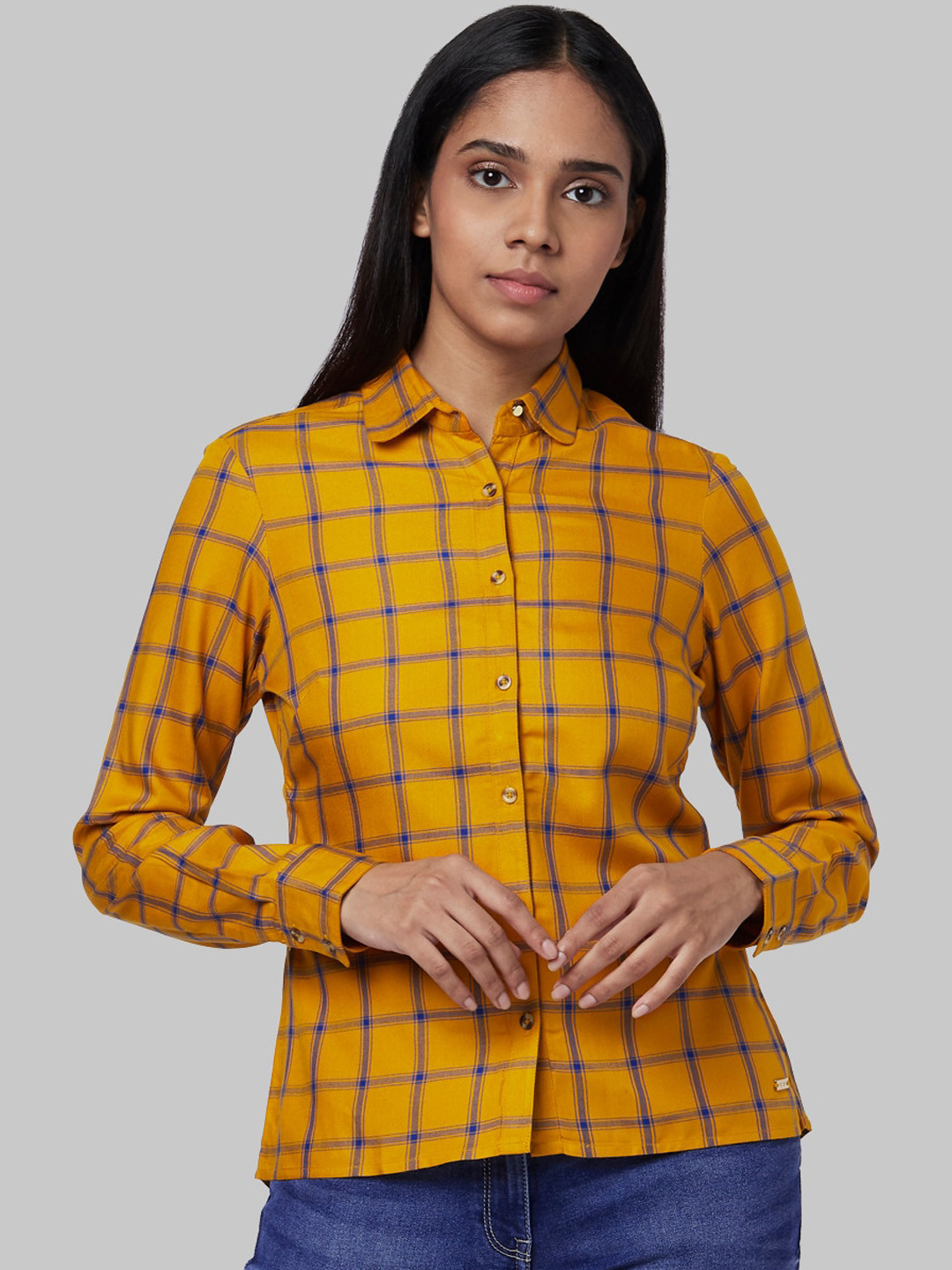 Buy Park Avenue Woman Women Yellow & Blue Regular Fit Checked Casual