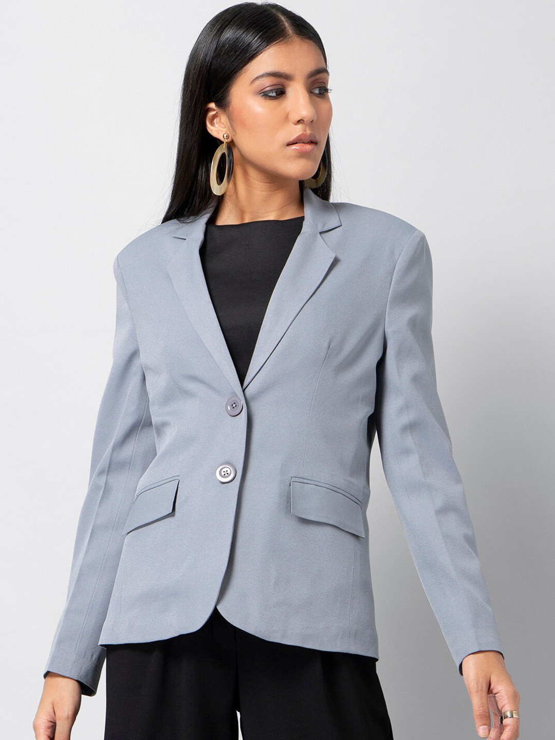 Buy FabAlley Women Grey Solid Single Breasted Blazer Blazers for