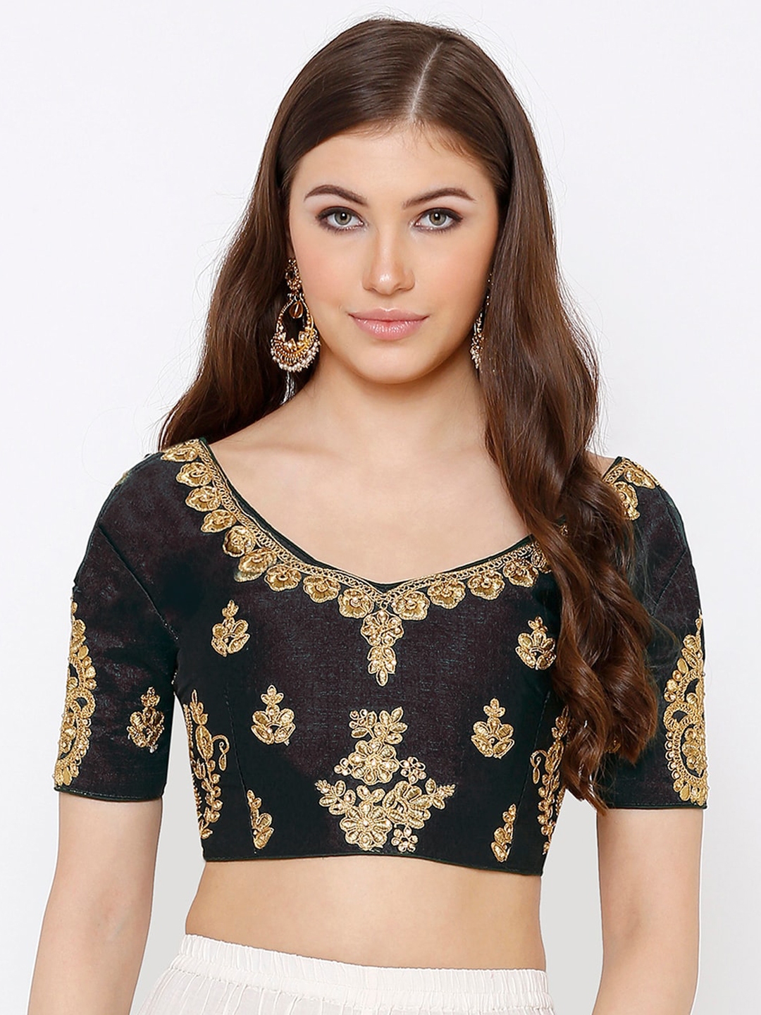 Buy SALWAR STUDIO Women Black & Gold Colour Embroidered Padded Saree ...