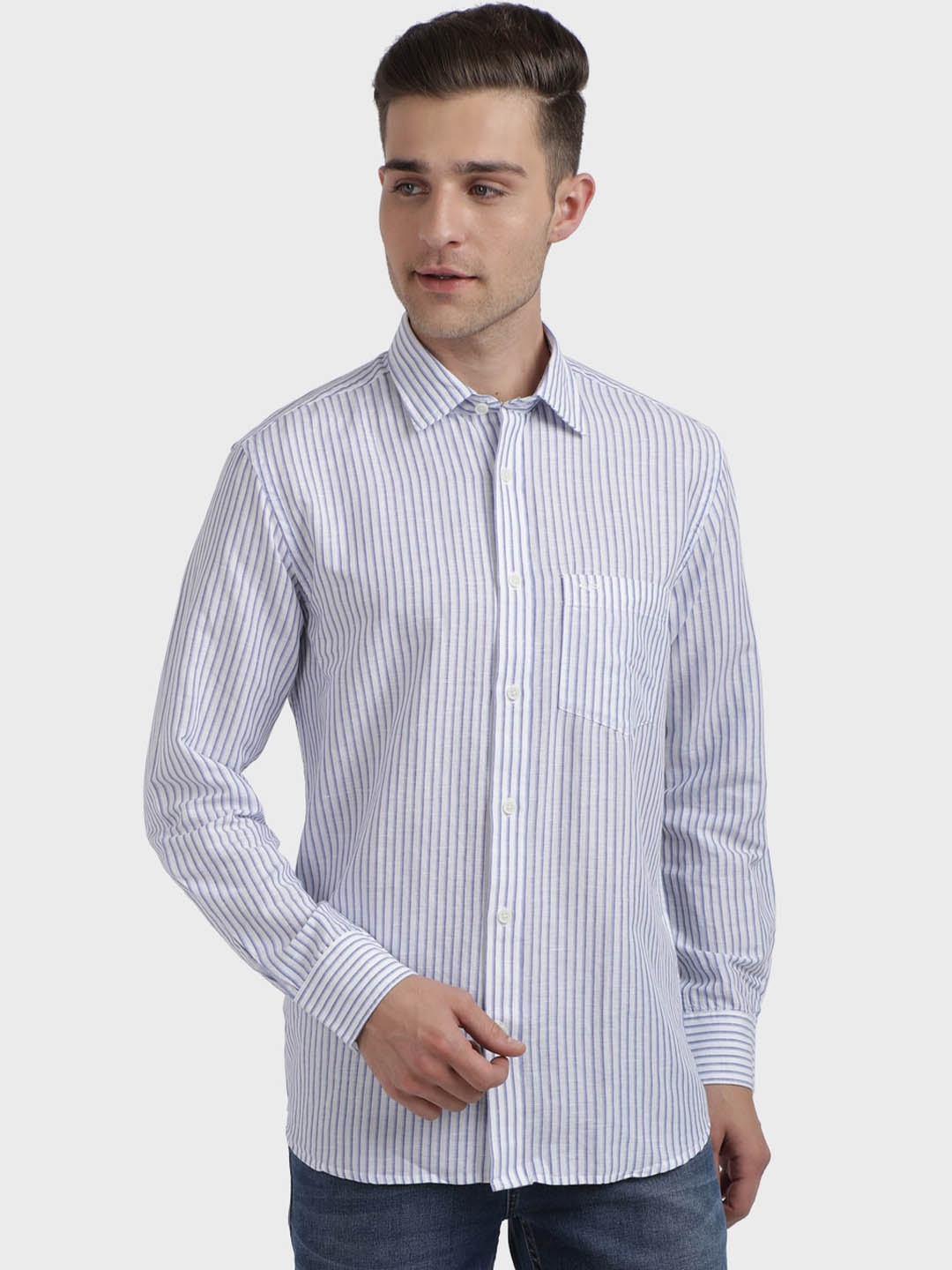Buy ColorPlus Men Blue & White Regular Fit Striped Casual Shirt ...