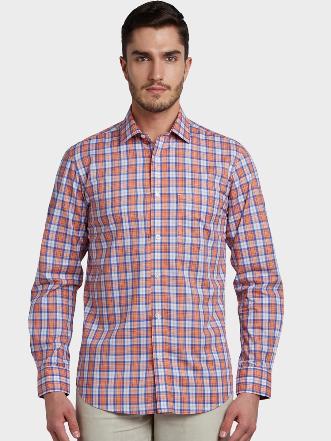 Buy ColorPlus Men Orange & Blue Tailored Fit Checked Casual Shirt ...