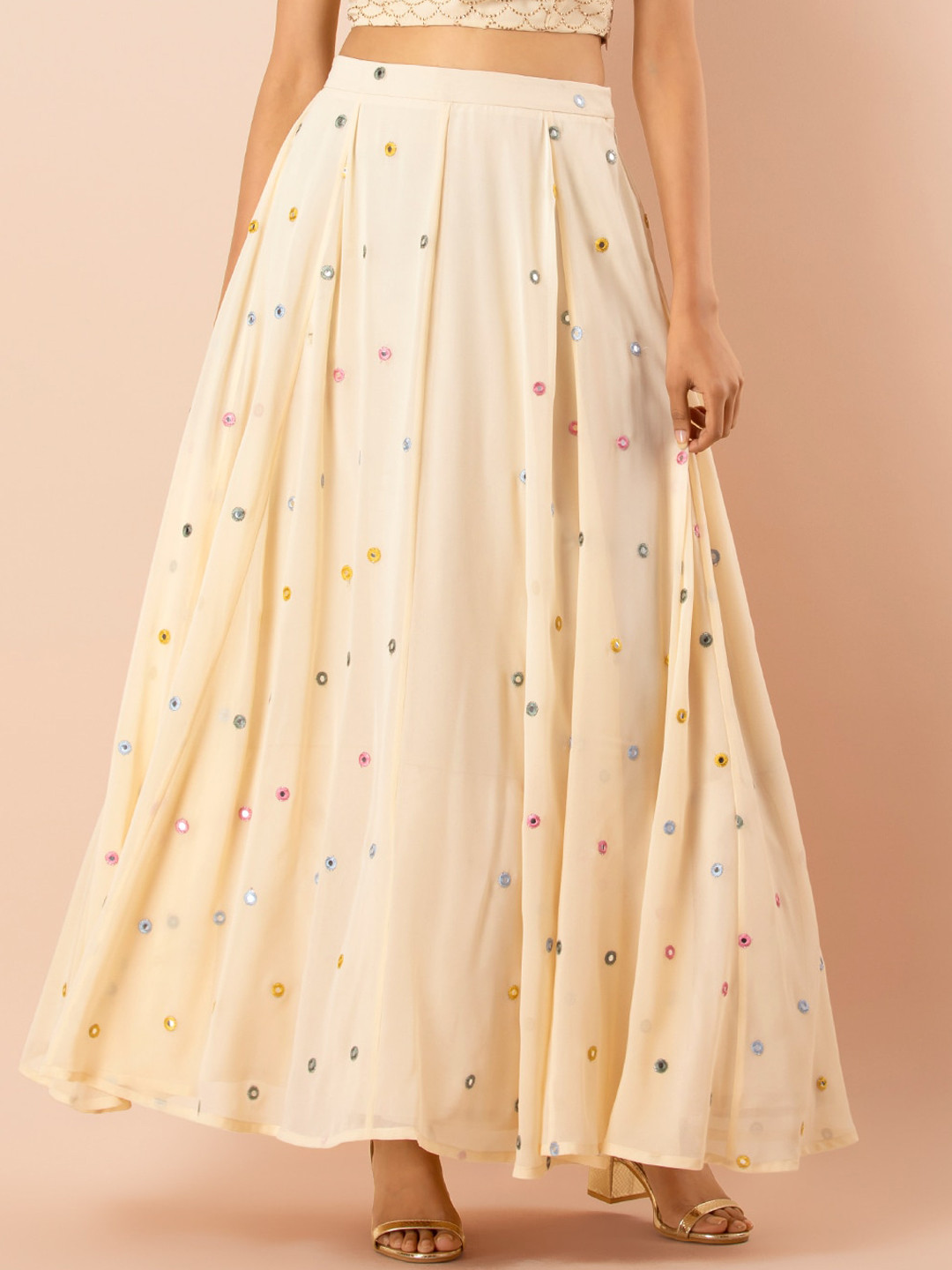 Buy INDYA Women Cream Mirror Work Flared Maxi Skirt Skirts for Women