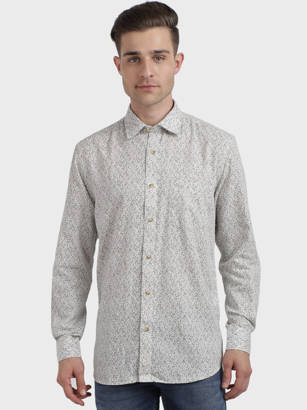 Buy ColorPlus Men White & Grey Regular Fit Printed Casual Shirt ...