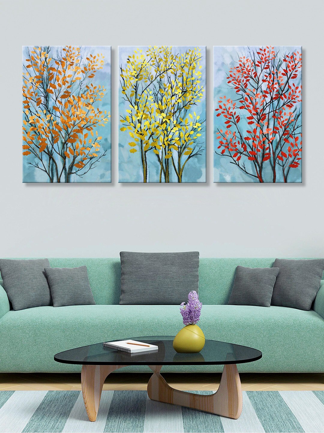 Buy 999Store Set Of 3 Blue & Yellow Trees HD Canvas Wall Paintings ...
