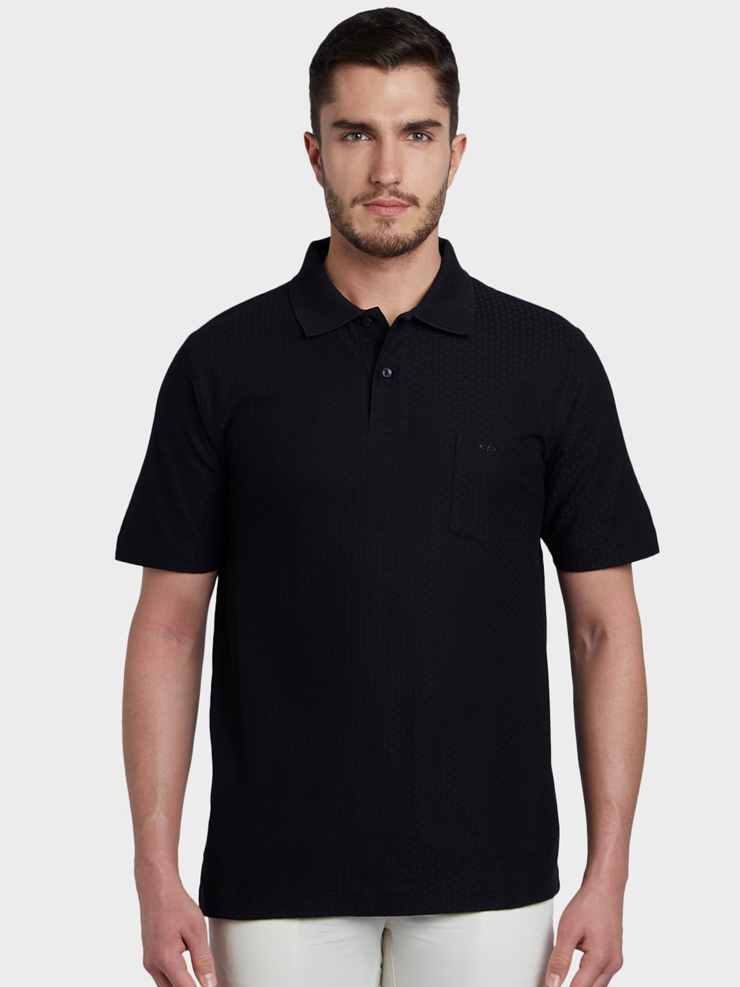 Buy ColorPlus Men Black Self Design Polo Collar T Shirt - Tshirts for ...