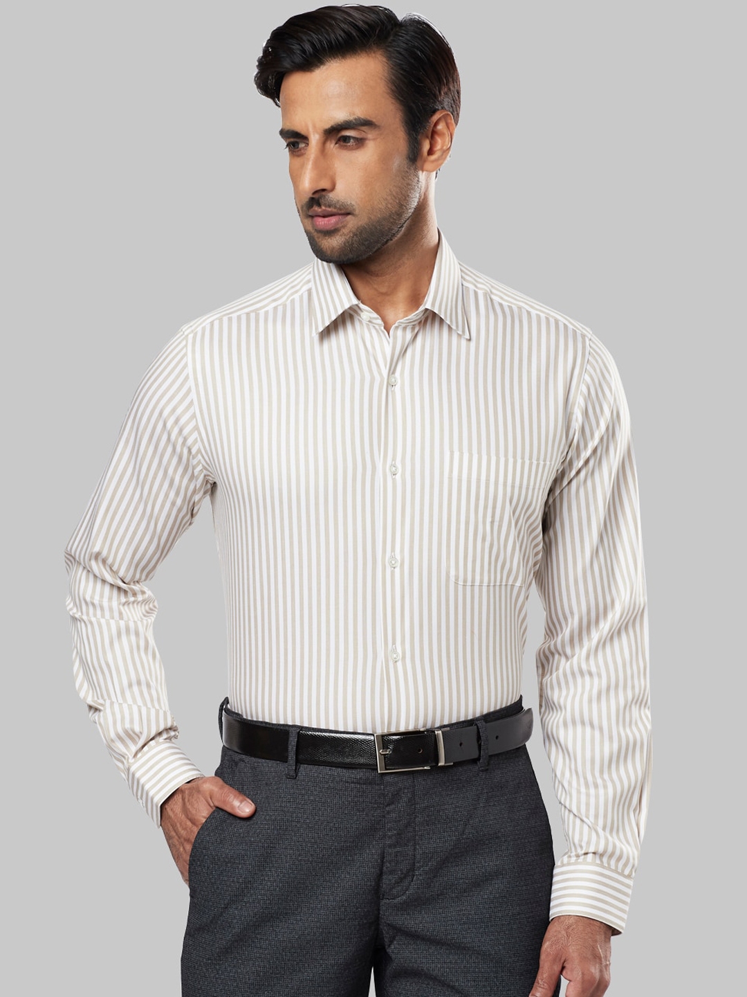Buy Raymond Men Beige Regular Fit Striped Formal Shirt Shirts for Men