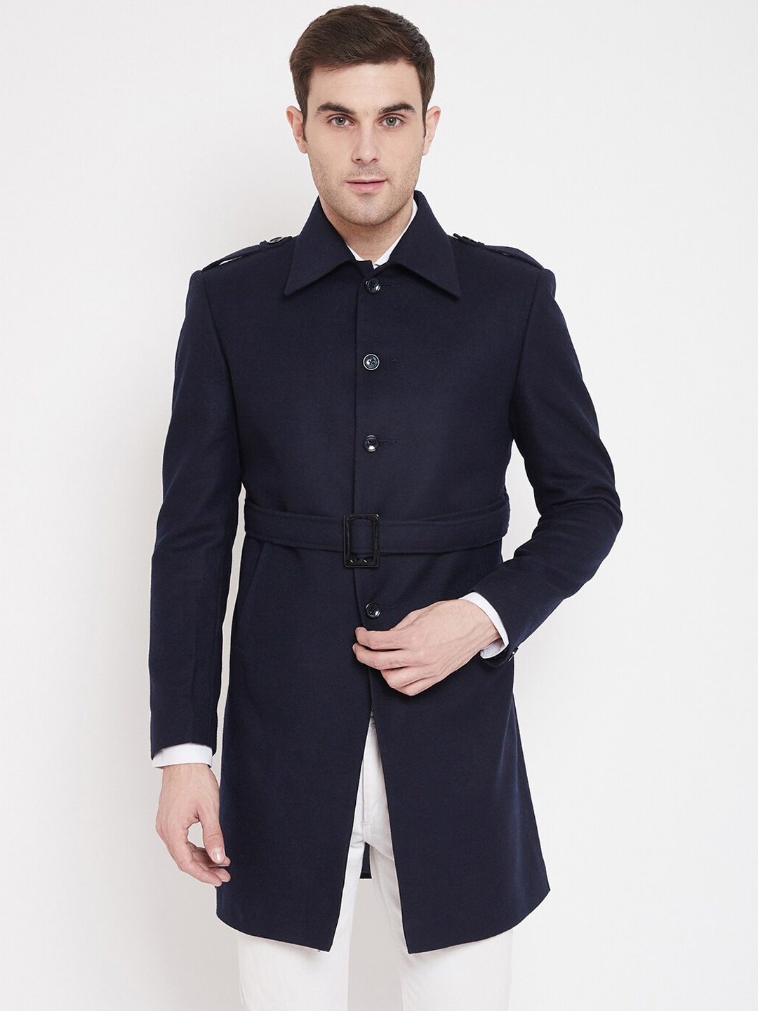 Buy Spirit Men Navy Blue Solid Tailored Fit Pure Wool Overcoat - Coats ...