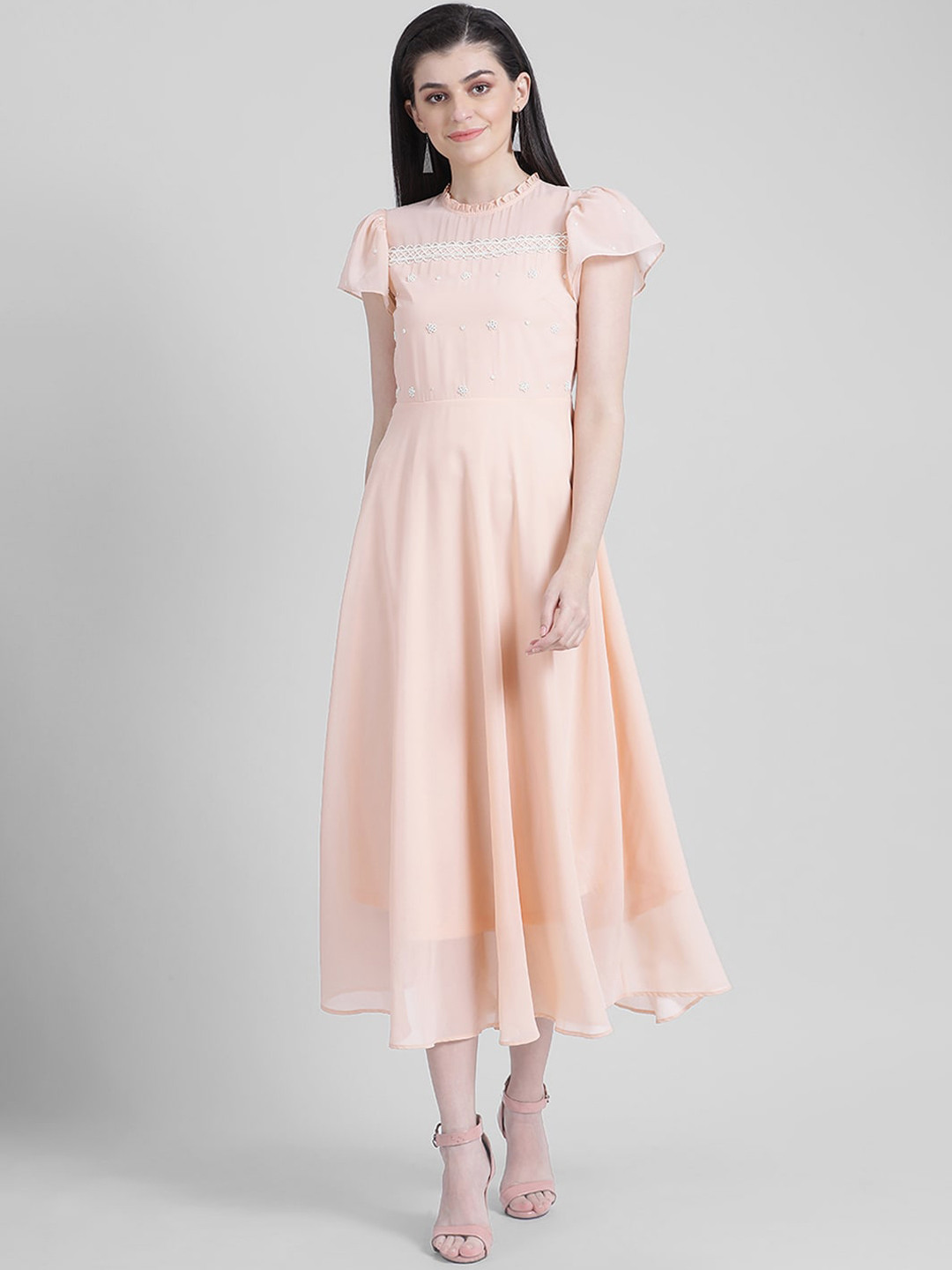 Buy Zink London Women Peach Coloured Embellished Fit And Flare Dress