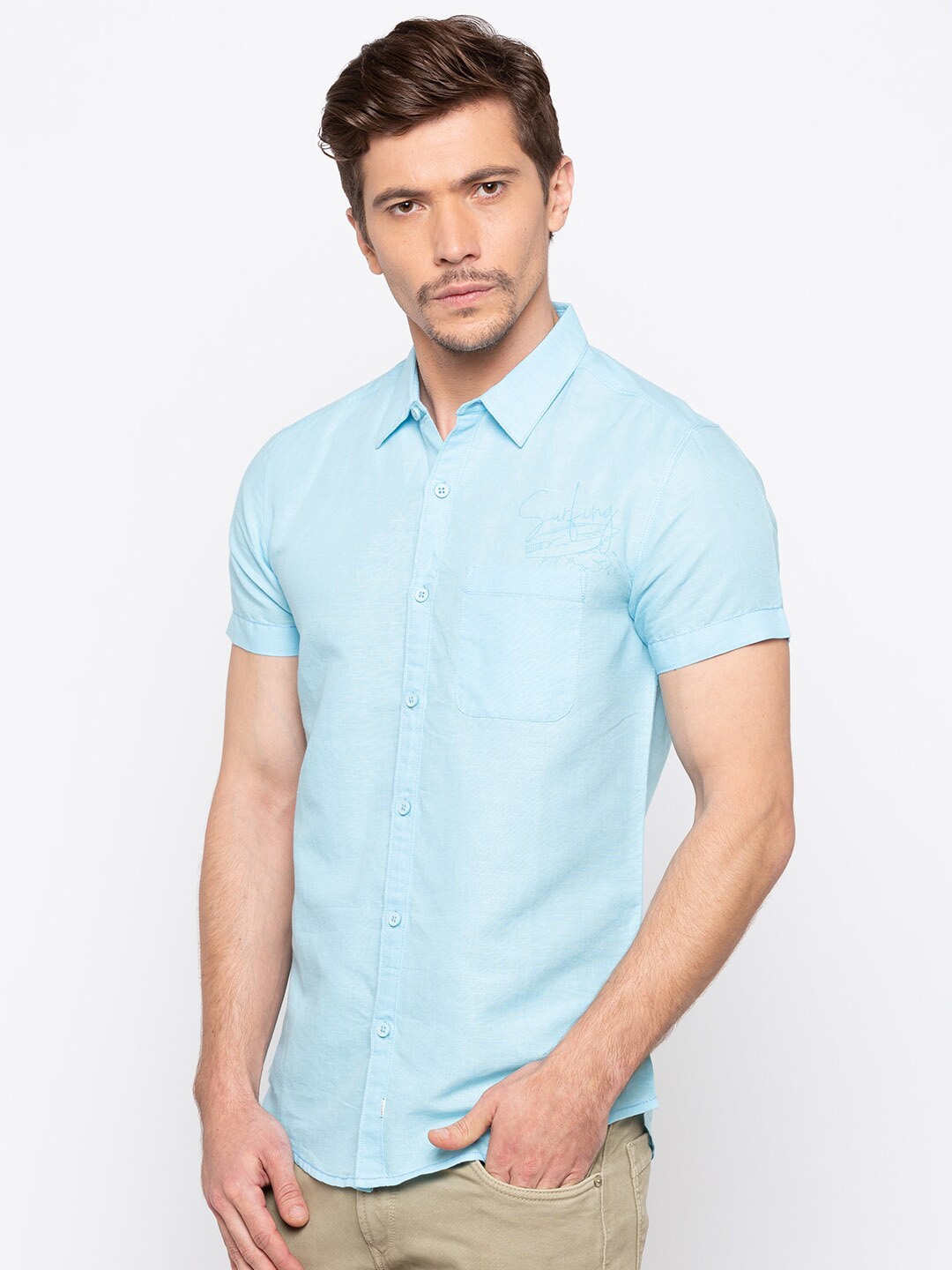 Buy SPYKAR Men Blue Slim Fit Solid Casual Shirt - Shirts for Men ...