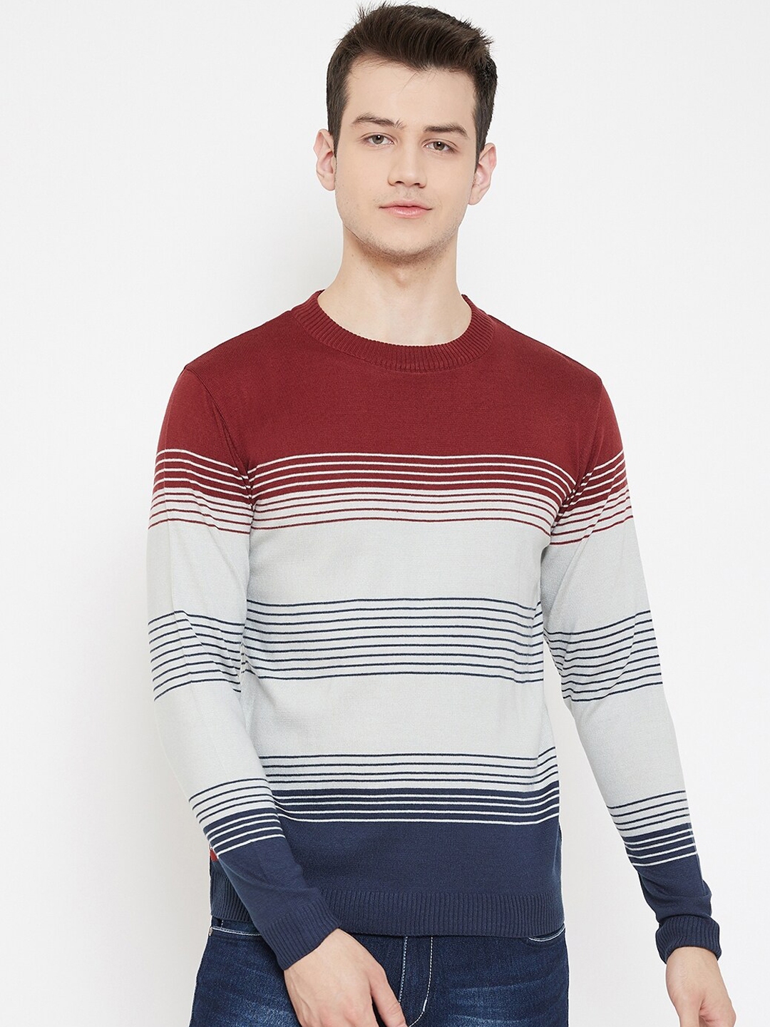 Buy JUMP USA Men Red & Grey Striped Acrylic Pullover Sweater - Sweaters ...