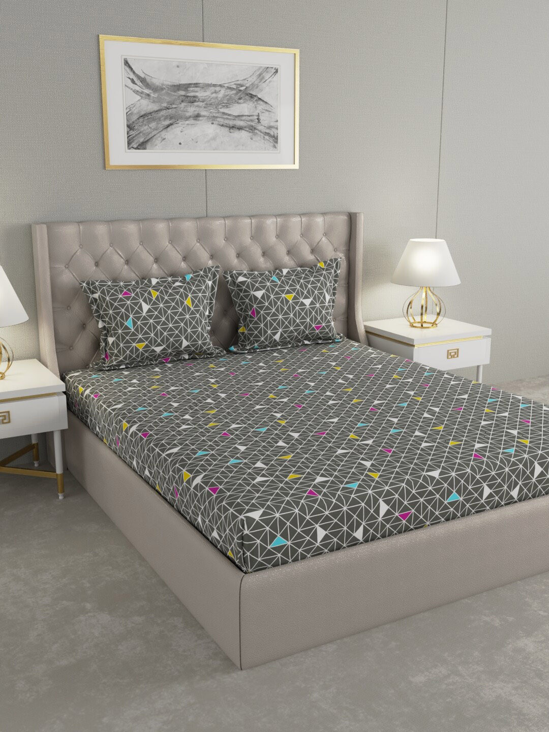 Buy Raymond Home Grey & White Geometric 104 TC Double Queen Bedsheet