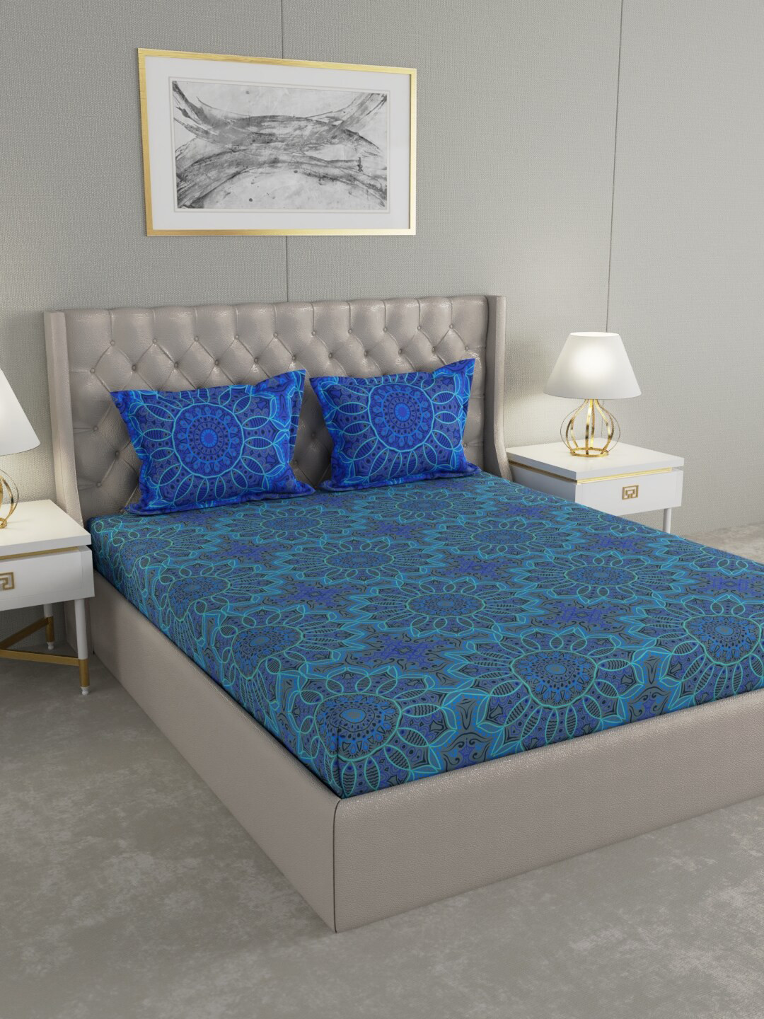 Buy Raymond Home Blue & Green Printed 144 TC Double Bedsheet With