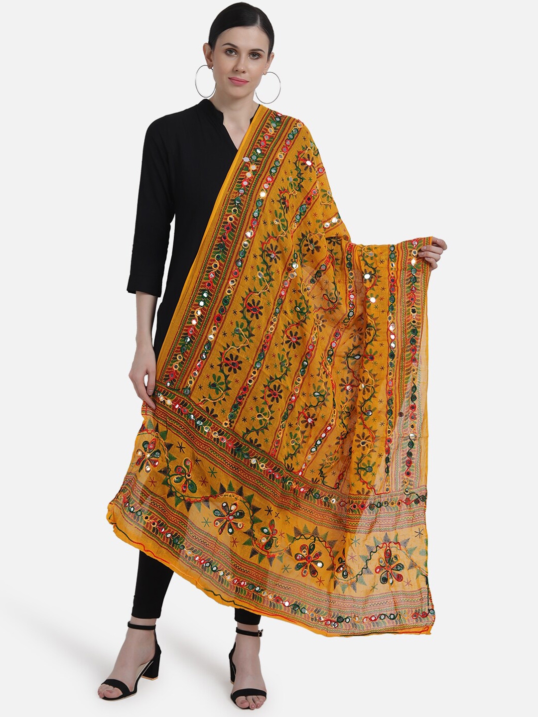 Buy Vastraa Fusion Mustard Embroidered Pure Cotton Dupatta Dupatta
