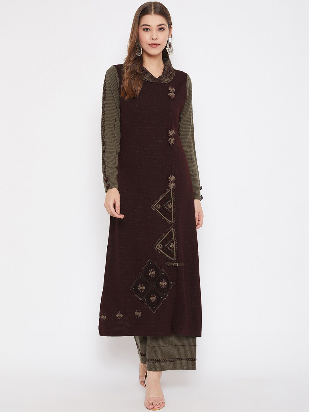 Women  Maroon Embroidered A-Line Kurta Palazzos Set
