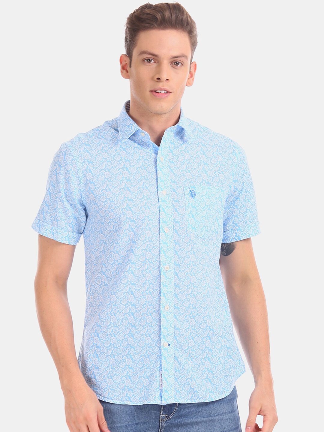 Buy U.S. Polo Assn. Men Blue & White Regular Fit Printed Casual Shirt ...