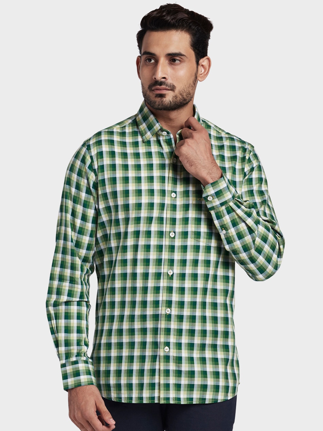 Buy ColorPlus Men Green & Beige Tailored Fit Checked Casual Shirt ...