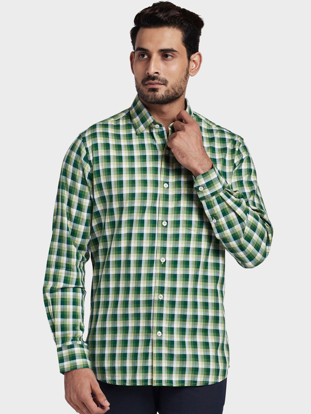 Buy ColorPlus Men Green & Yellow Tailored Fit Checked Casual Shirt