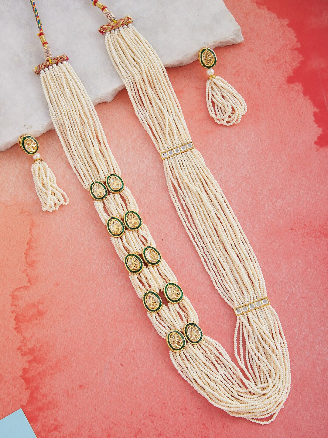 Buy Gold Plated White And Green Gold Plated Layered Pearl Jewellery Set