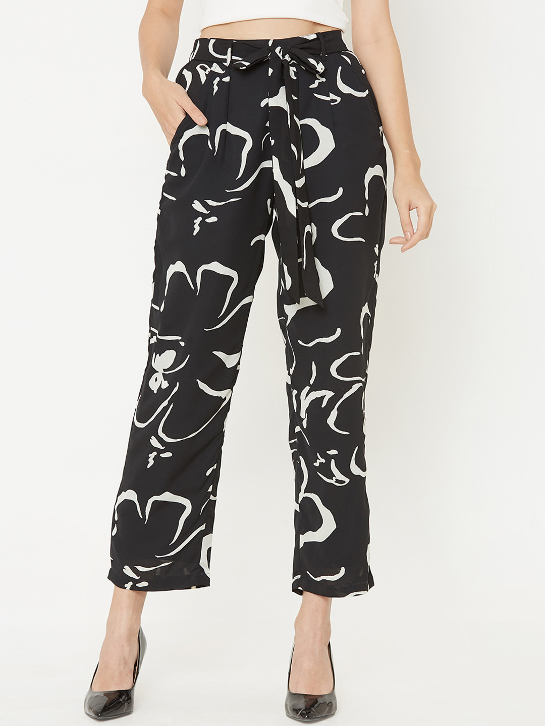 Buy MISH Women Black Peg Leg Straight Fit Printed Peg Trousers