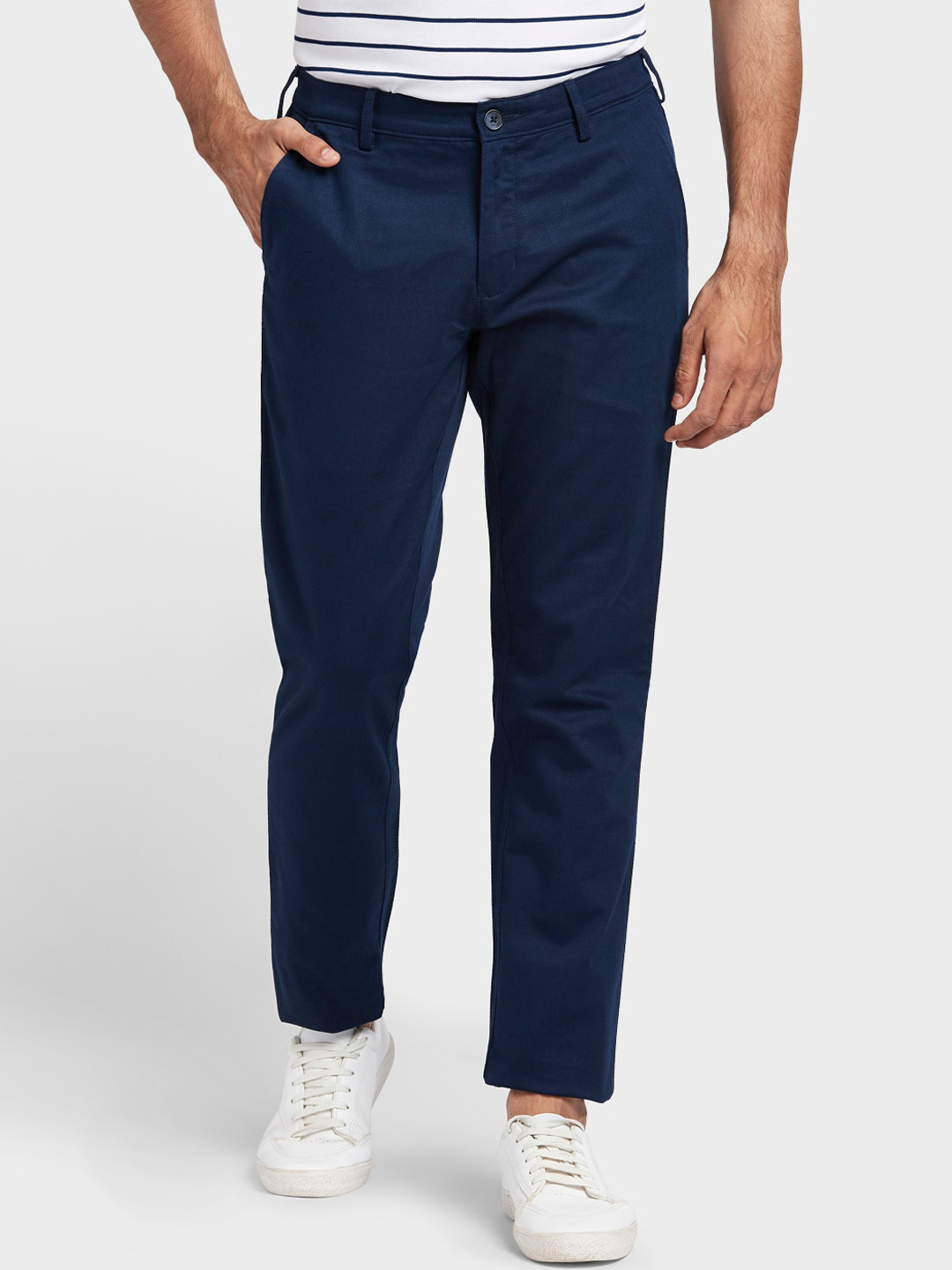 Buy ColorPlus Men Navy Blue Regular Fit Solid Regular Trousers ...