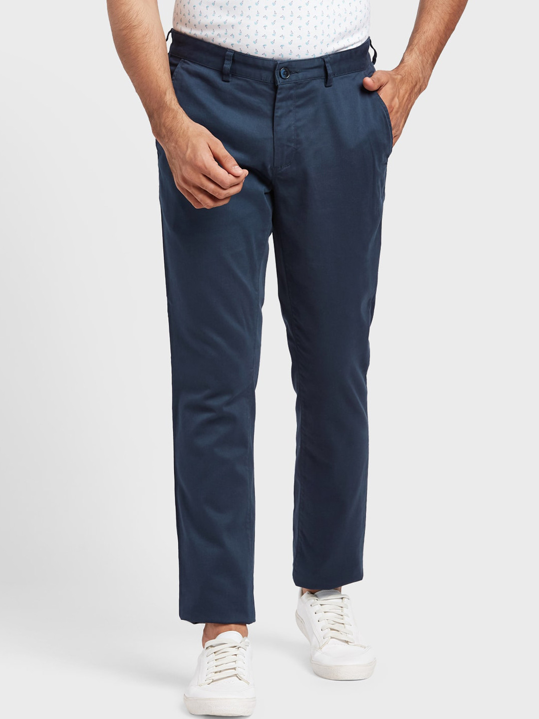 Buy ColorPlus Men Navy Blue Regular Fit Solid Regular Trousers ...