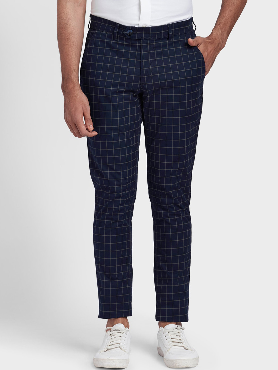 Buy ColorPlus Men Navy Blue Regular Fit Checked Regular Trousers ...